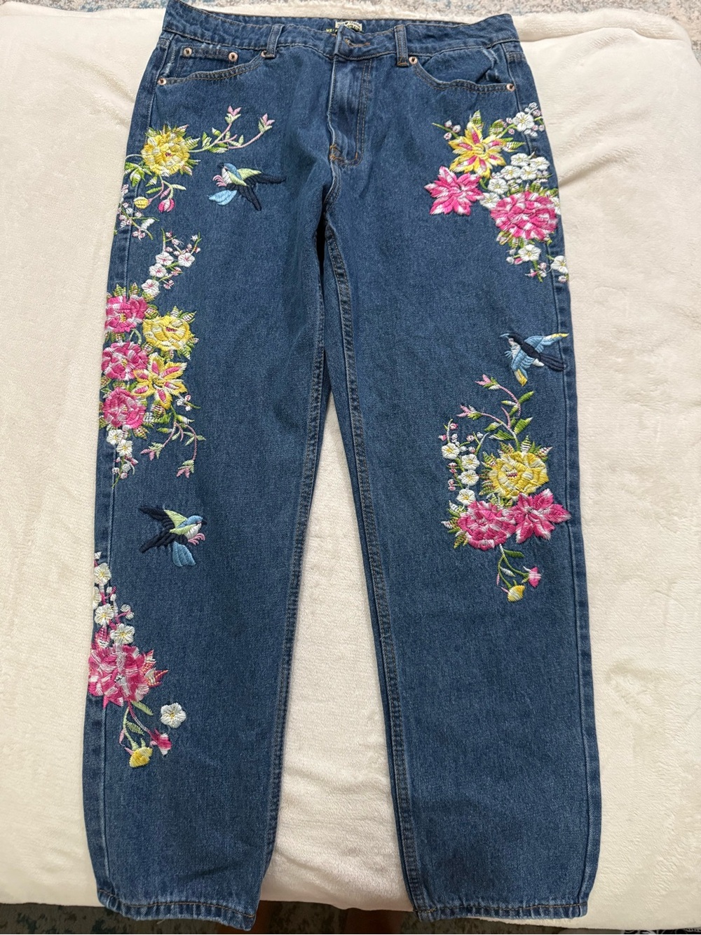 Top Trends Denim Blue Jeans High Waist  Embroidery Womens Size 10 D81